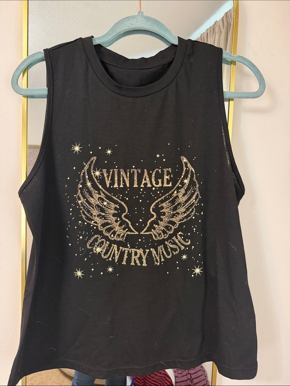 Black Tank Top with Gold Vintage Wing Graphic